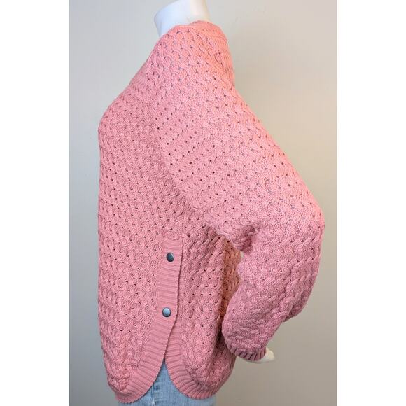 Venus Sweater Large Pink Pointelle Basket Weave Knit Pullover Side Snap Curved - Picture 5 of 10
